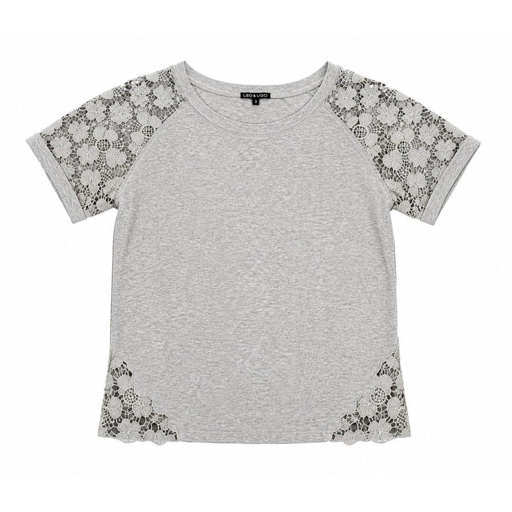 Leo & Ugo Paris Tee Size 3 M Gray Lace‎ Sleeve Chic Minimalist Coquette Top
